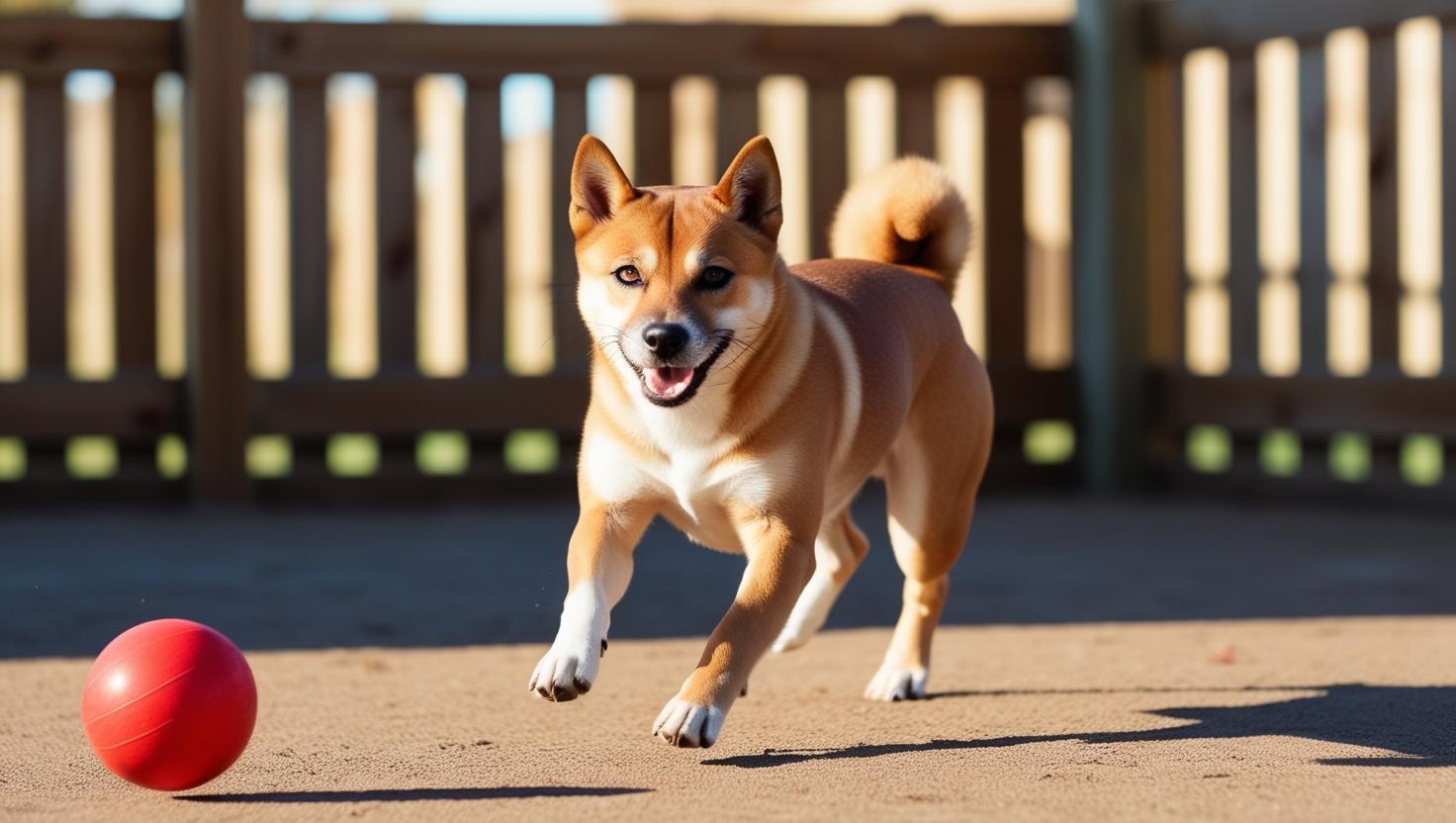 庭で赤いボールと遊ぶ茶色い犬（柴犬に近い犬種）。飼育スペースの重要性を示す文脈で使用。