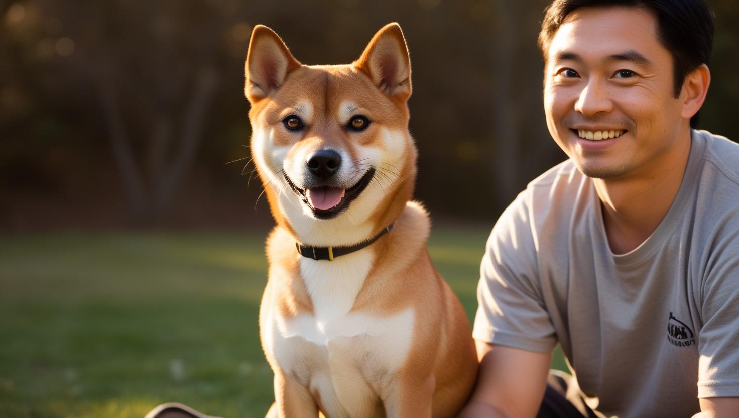 公園で飼い主と一緒に過ごす四国犬。飼い主との幸せな時間を象徴するシーン。