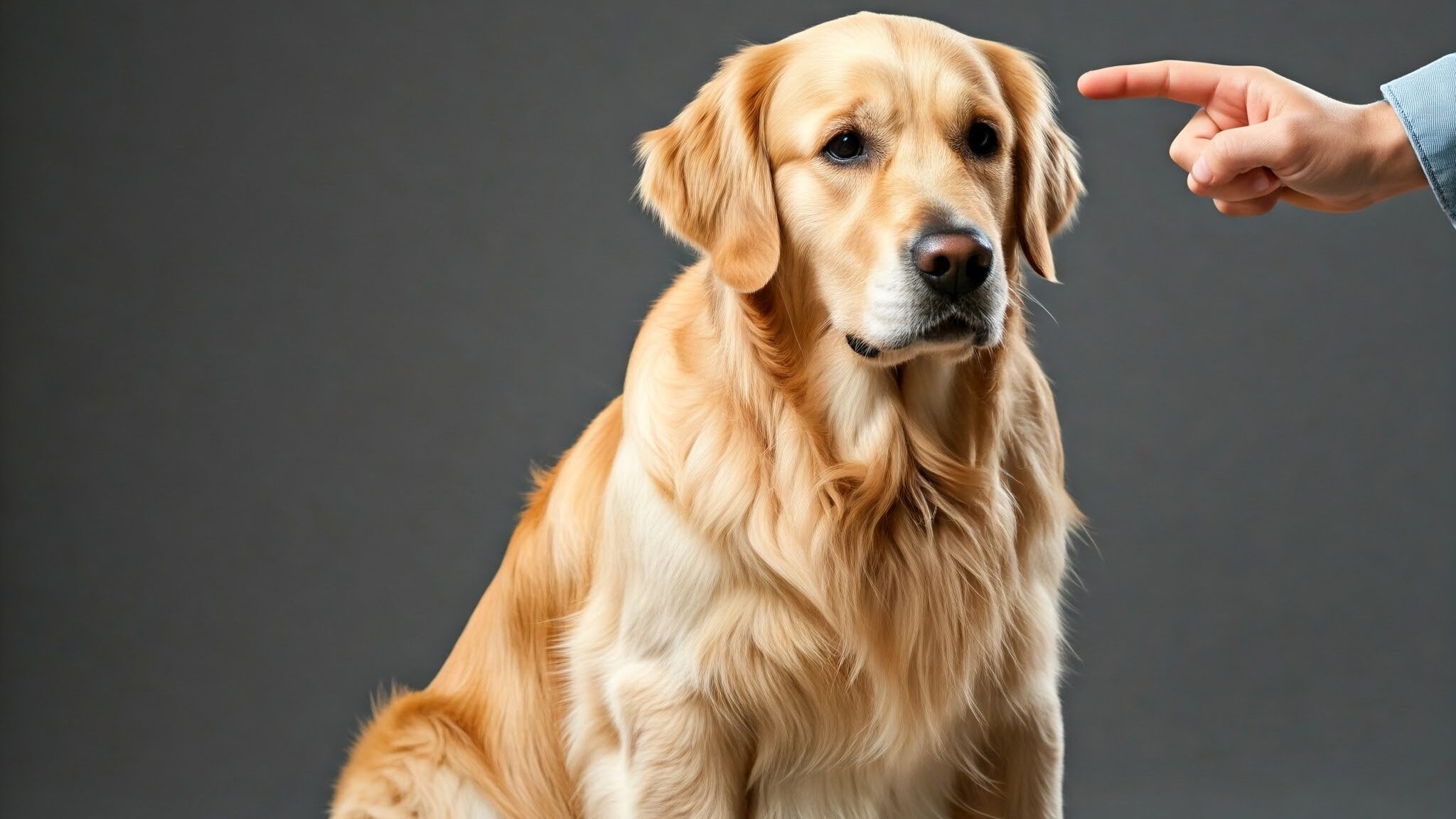 飼い主の男性が愛犬のゴールデンレトリバーを叱っている様子