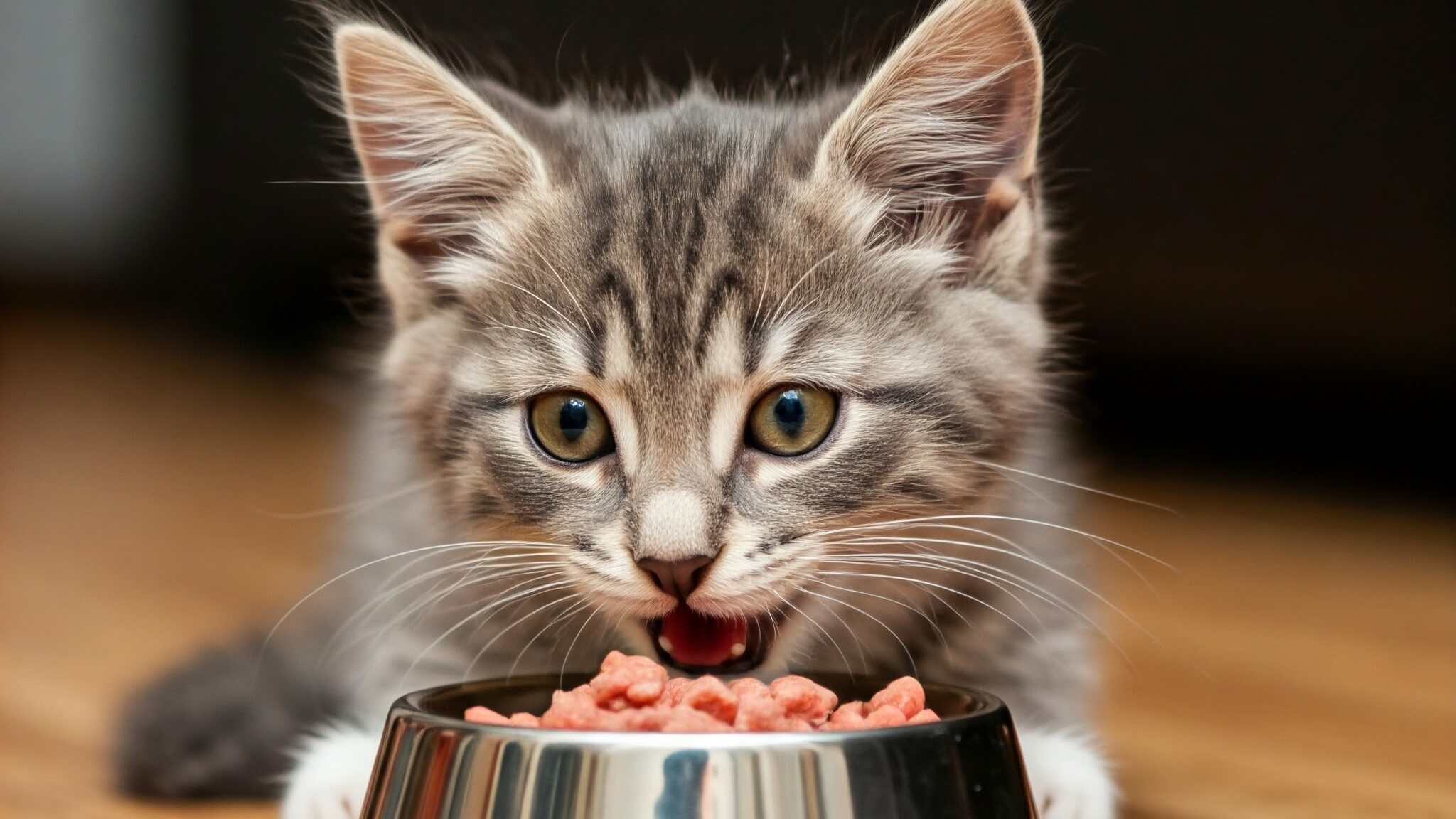 子猫がエサを食べているところ