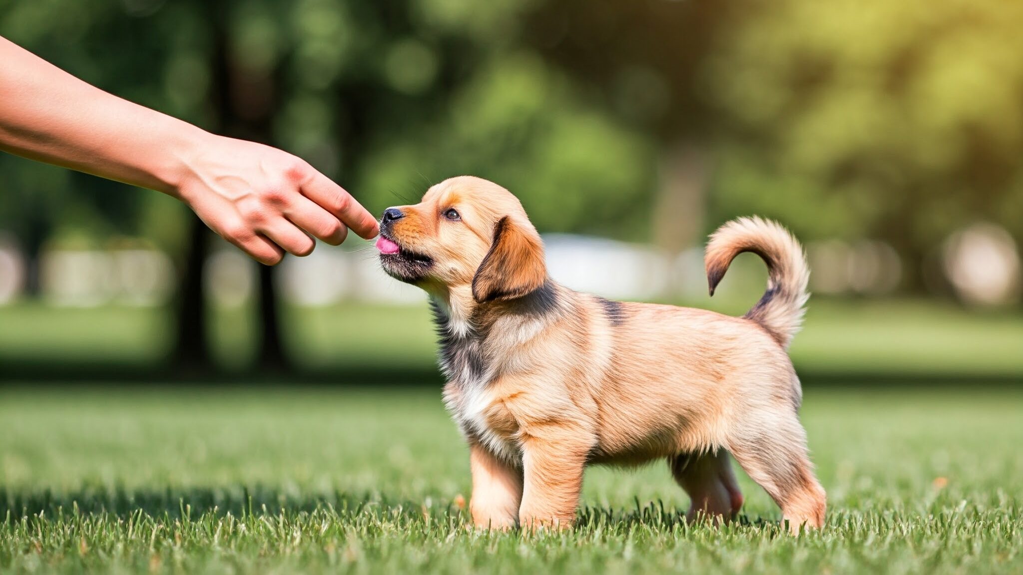 飼い主からおやつももらうミックス犬の子犬