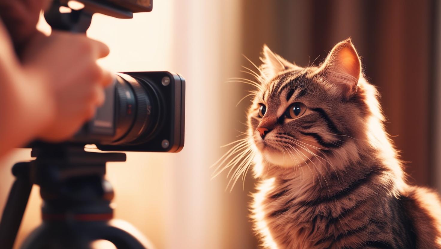 プロ用カメラで猫を撮影する様子。カメラの前でリラックスする猫