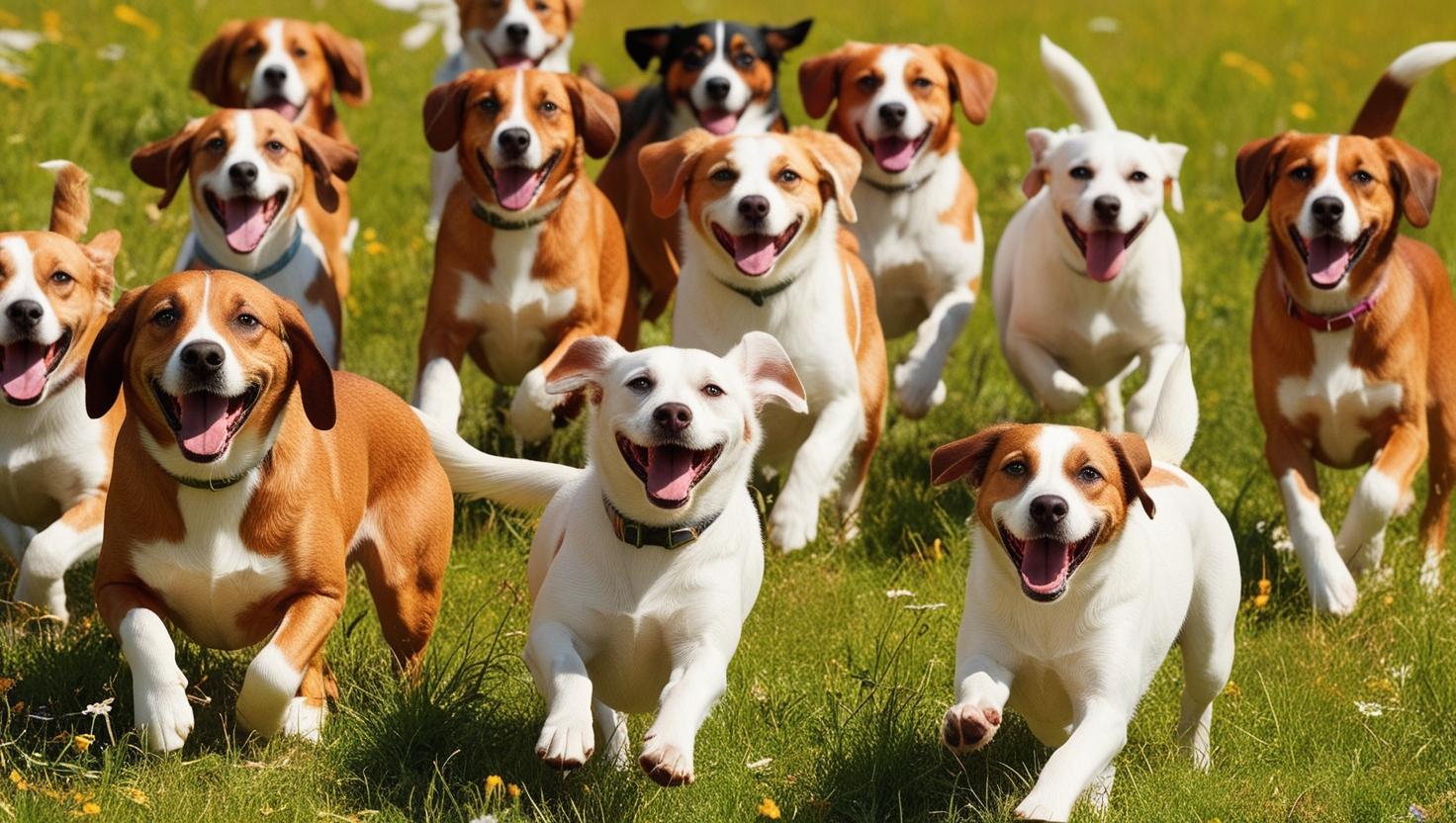 芝生の上で、多くの犬たちが元気よく駆け回っている写真です。楽しそうな表情が印象的です。