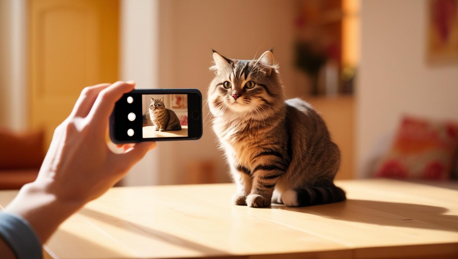 スマートフォンで猫を撮影する飼い主。テーブルの上で落ち着く猫