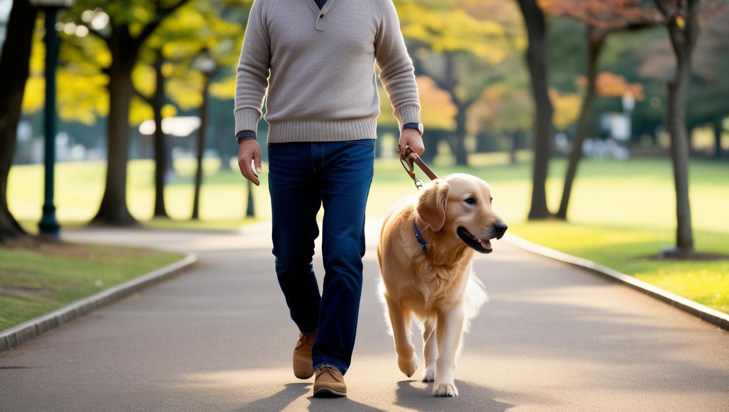 男性の飼い主と公園を散歩するゴールデンレトリーバーの写真。