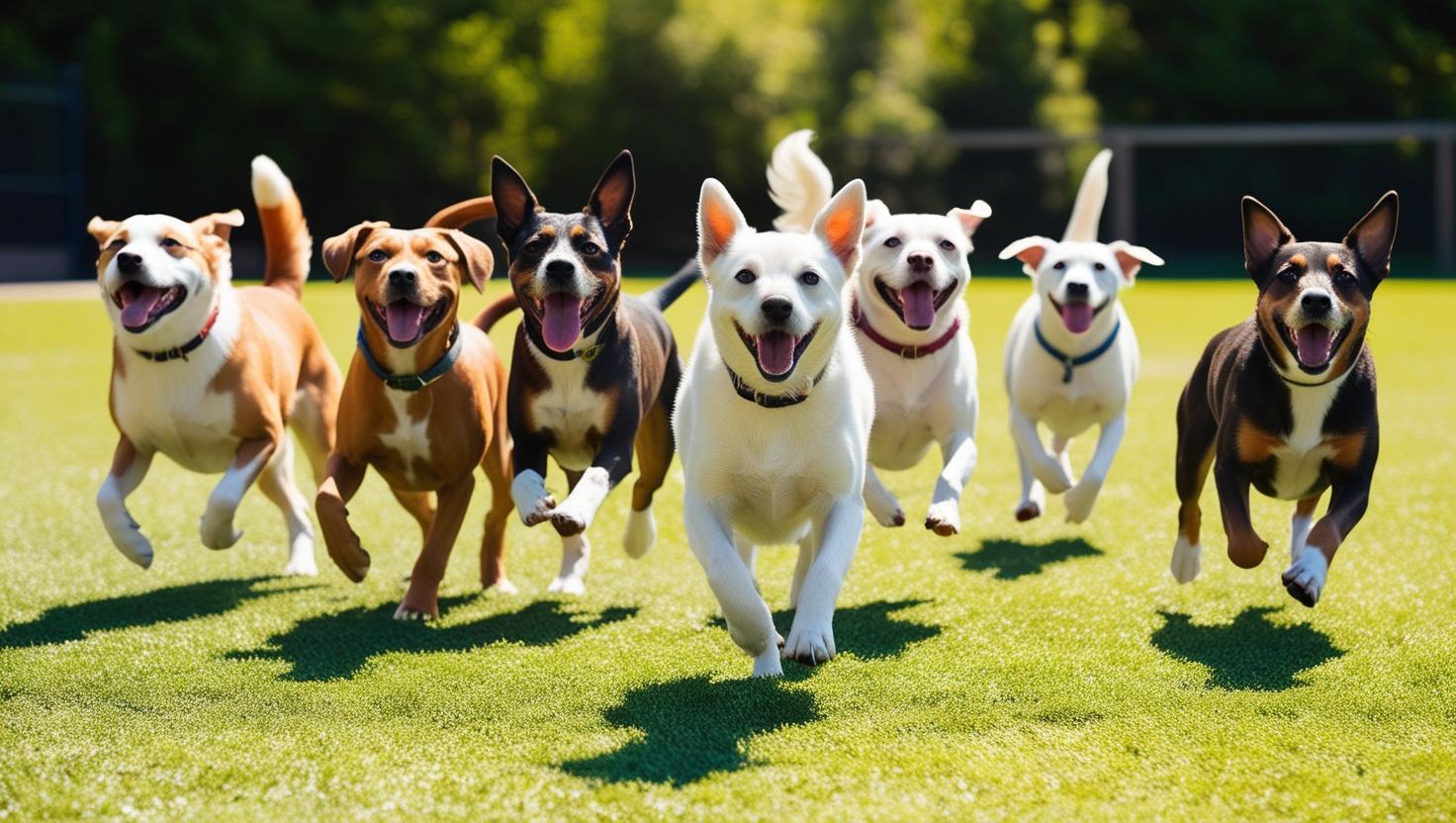 広々としたドッグランの芝生で、たくさんの犬たちが楽しそうに走り回っている写真です。