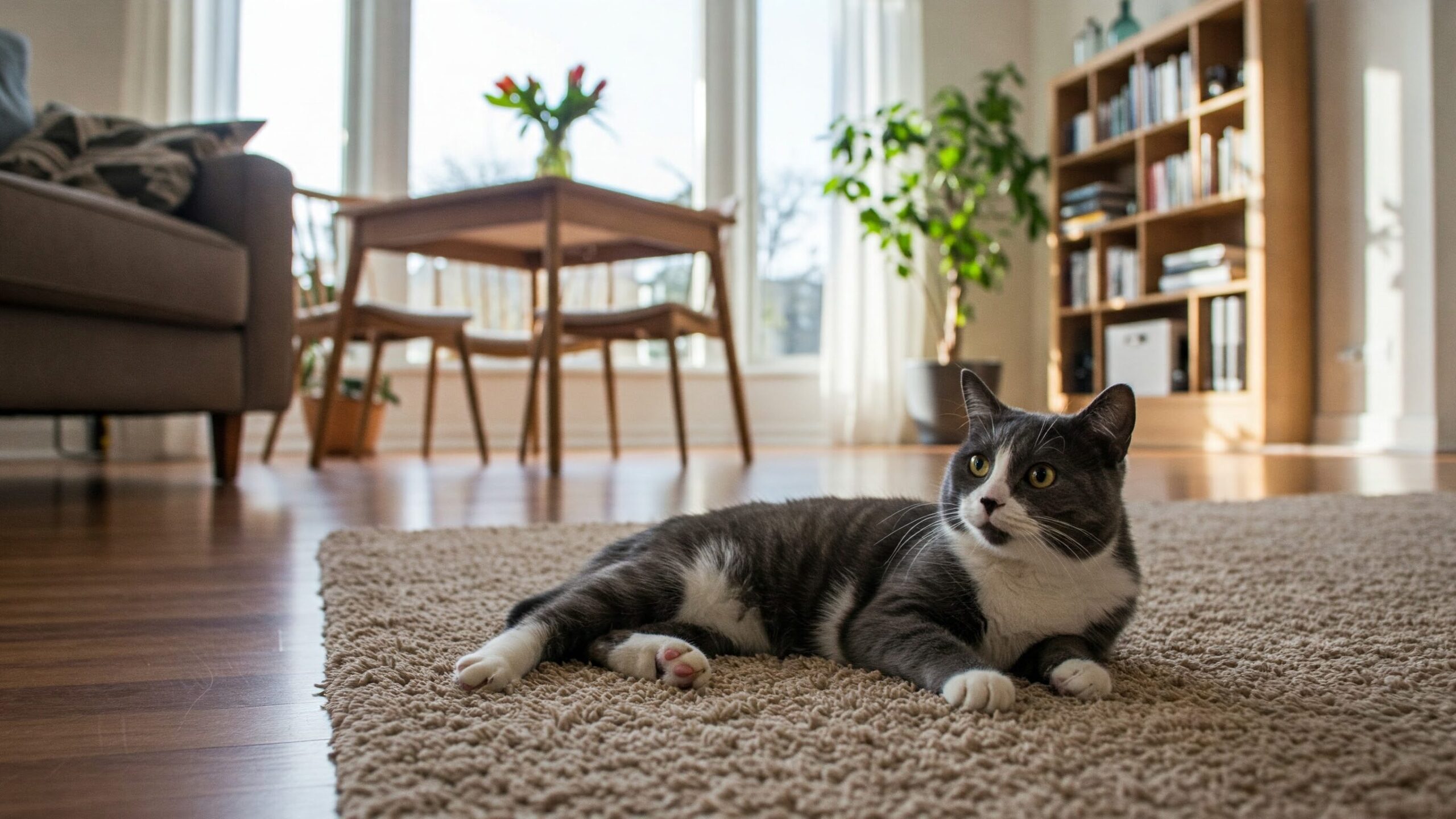 猫が快適な室内でくつろいでいる。黒と白のハチワレ猫が、明るい黄色の目で、柔らかくてふわふわしたベージュのラグの上に横たわっている。