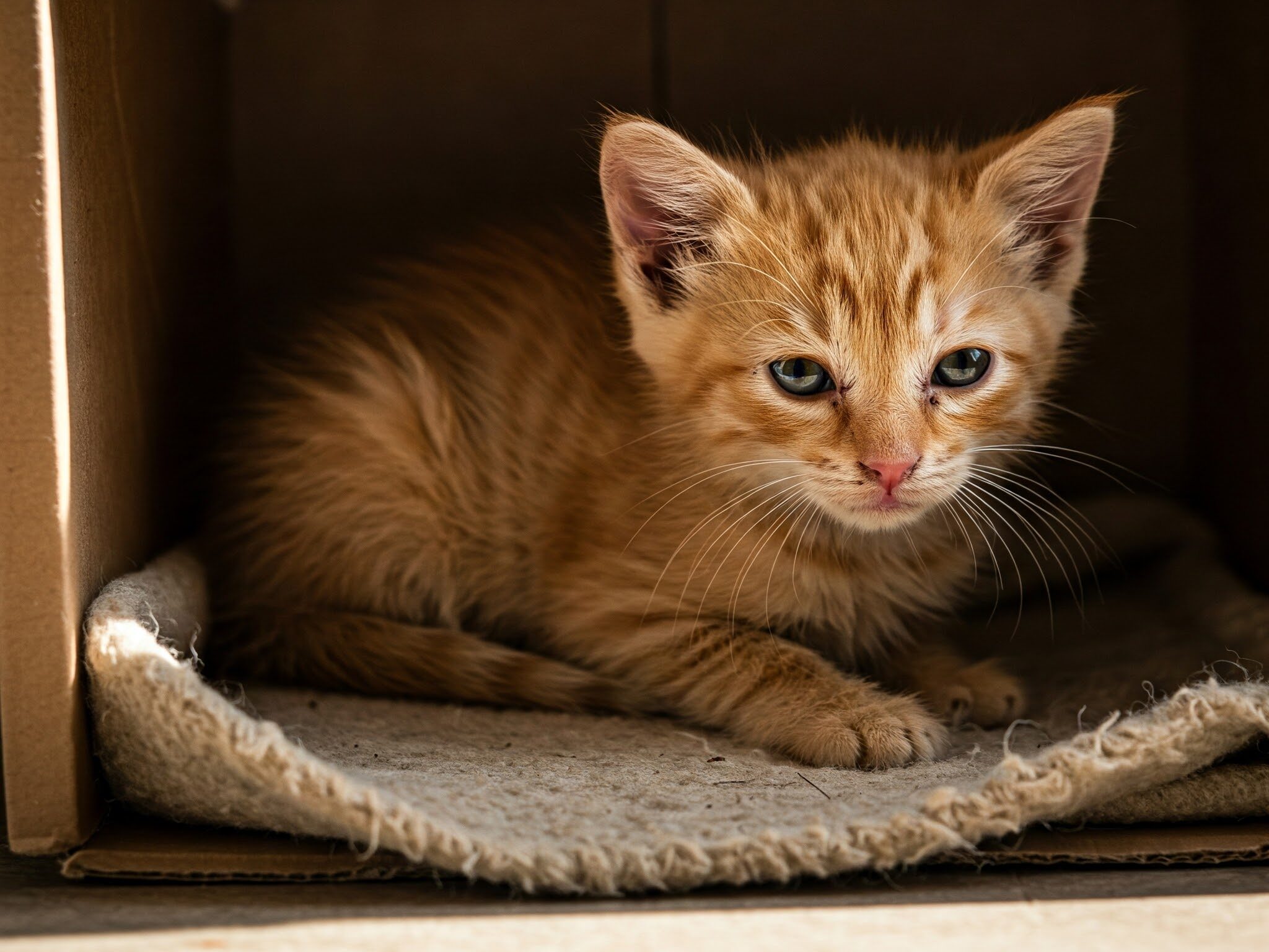 弱ってしまった子猫が段ボール箱の中で横たわっており、その小さな体は疲労困憊している