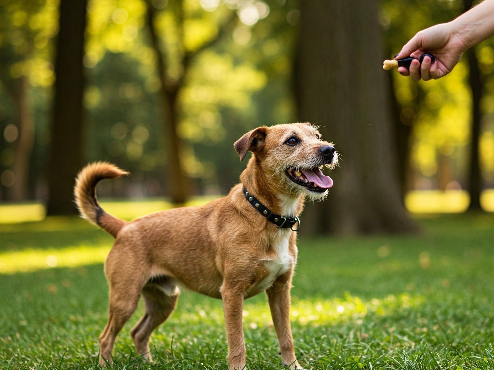 クリッカートレーニングを受けているミックス犬。ブリンドル模様の被毛と垂れ耳が特徴的な犬が、公園でのトレーニングセッション中に、人間のトレーナーに注意を向けている。トレーナーはクリッカーを持ちながら、犬にご褒美を与えようとしている。犬は幸せそうで、尻尾を振りながらトレーナーに集中している。