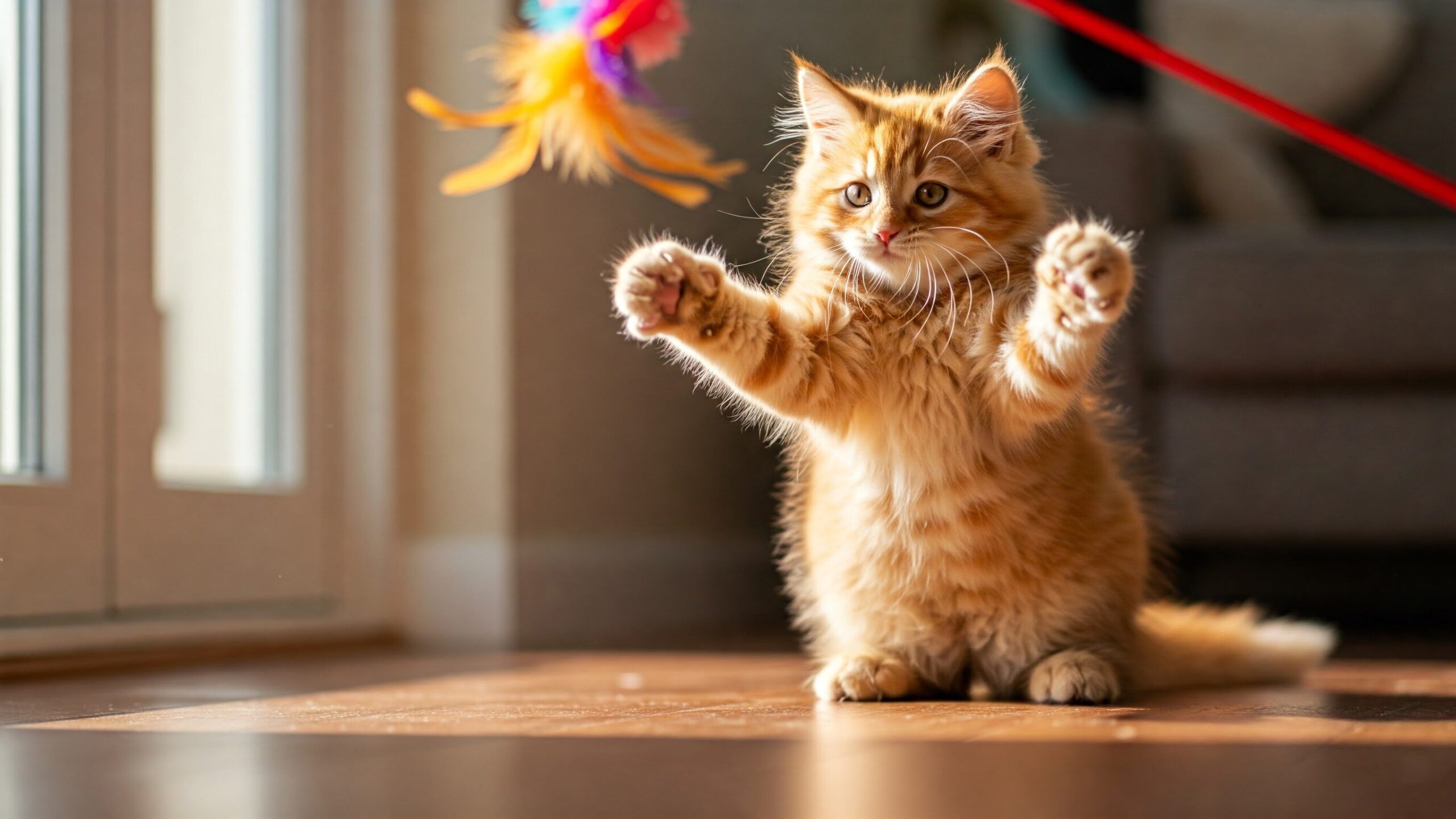 遊び好きなふわふわの茶トラの子猫が、鮮やかな赤い猫じゃらしのおもちゃに夢中になっている。