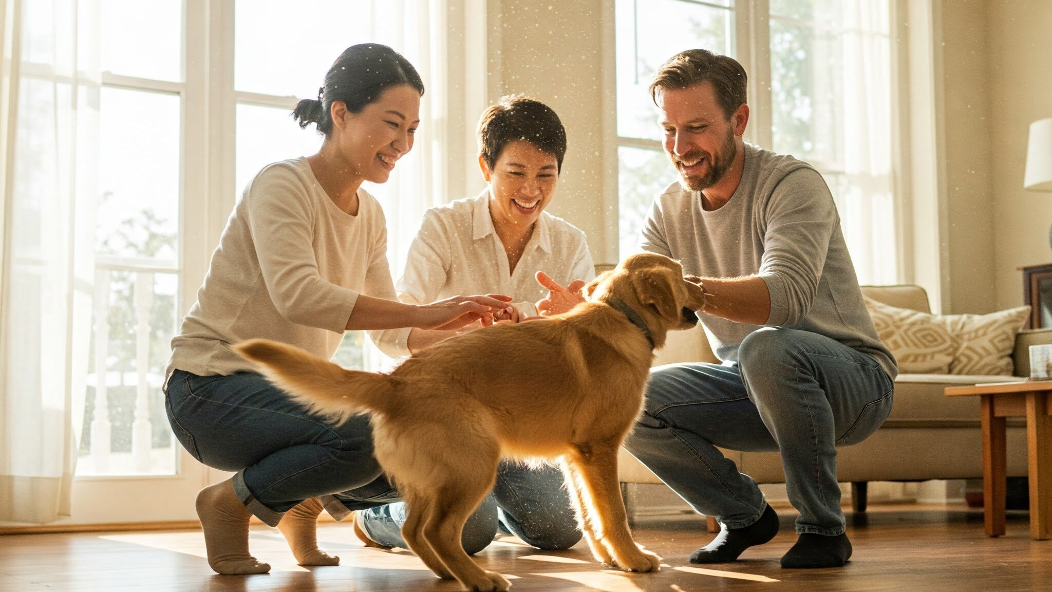 室内でゴールデンレトリーバーの子犬と飼い主家族が仲良く戯れている。飼い主家族は、女性2人と男性1人で、皆が笑顔で子犬と触れ合っている。特に女性の1人は子犬と同じ目線になるようにしゃがみ込み、親愛の情を示している。