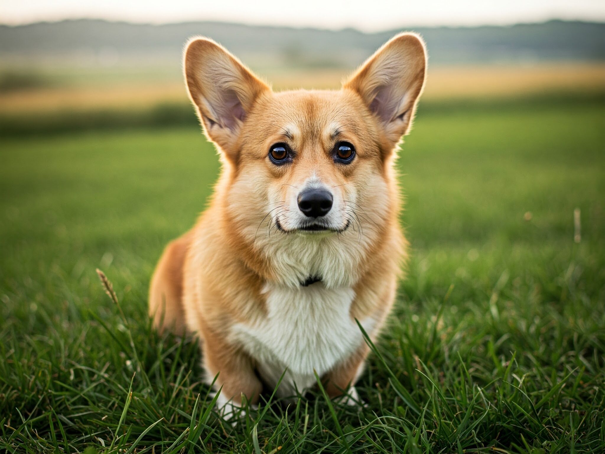 自然な光を浴びた広い草原に立つ、困った顔をしたコーギー犬。コーギー犬の毛は豊かで赤みを帯びた茶色をしており、不安そうに眉をひそめ、大きく表情豊かな目をしている。まるで何か気がかりな事があるかのように、耳を少し傾けている。