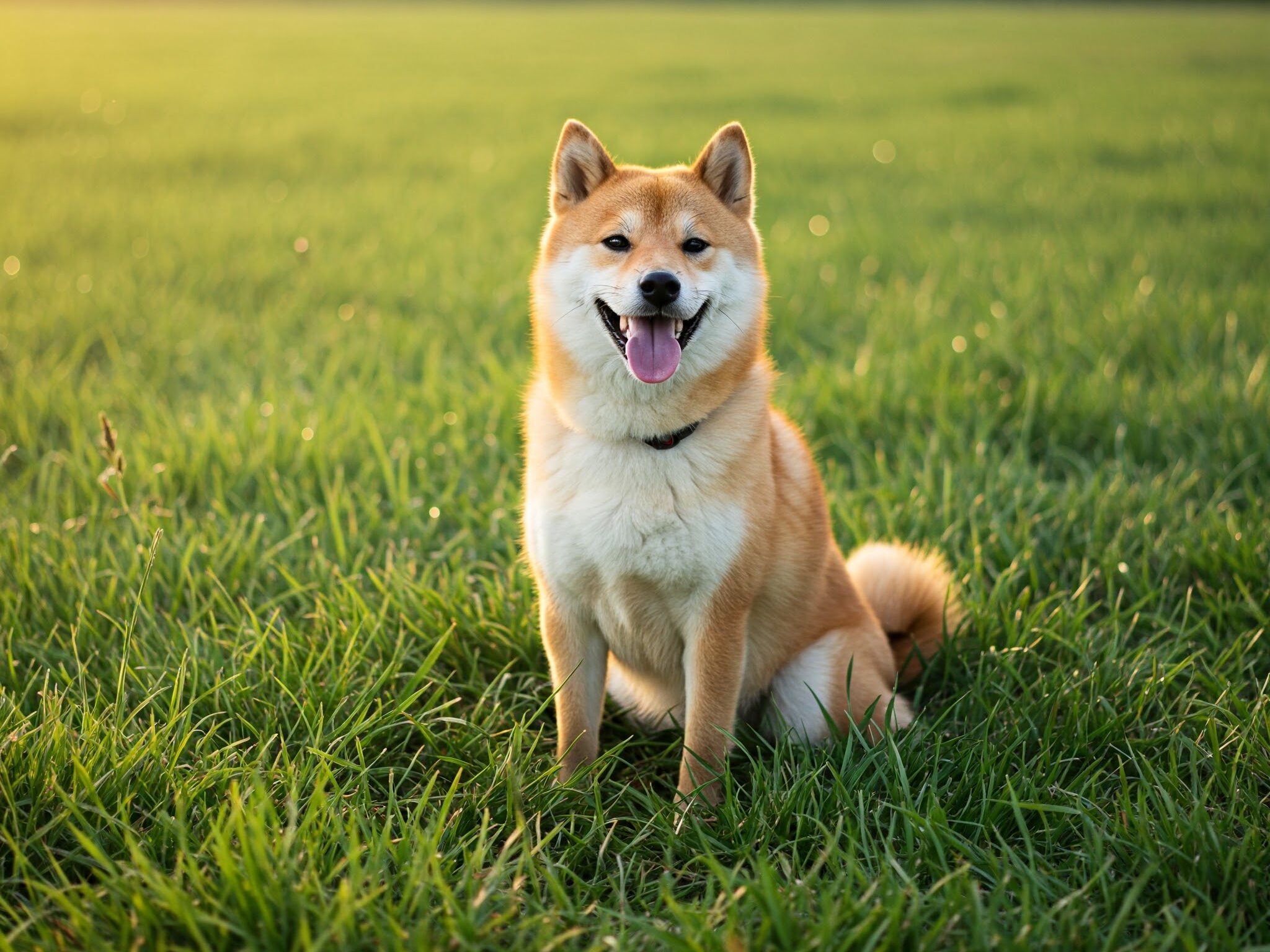 広々とした草原に座る柴犬。キツネのような顔立ちが特徴的な柴犬は、遊び心がありながらも警戒心のある表情をしている。濃い赤茶色の毛皮は、生い茂る緑の草の中で際立っており、ふさふさとした尻尾は背中に幸せそうにカールしている。草原の鮮やかな色彩と暖かく自然な太陽光が、静寂な雰囲気を醸し出している。