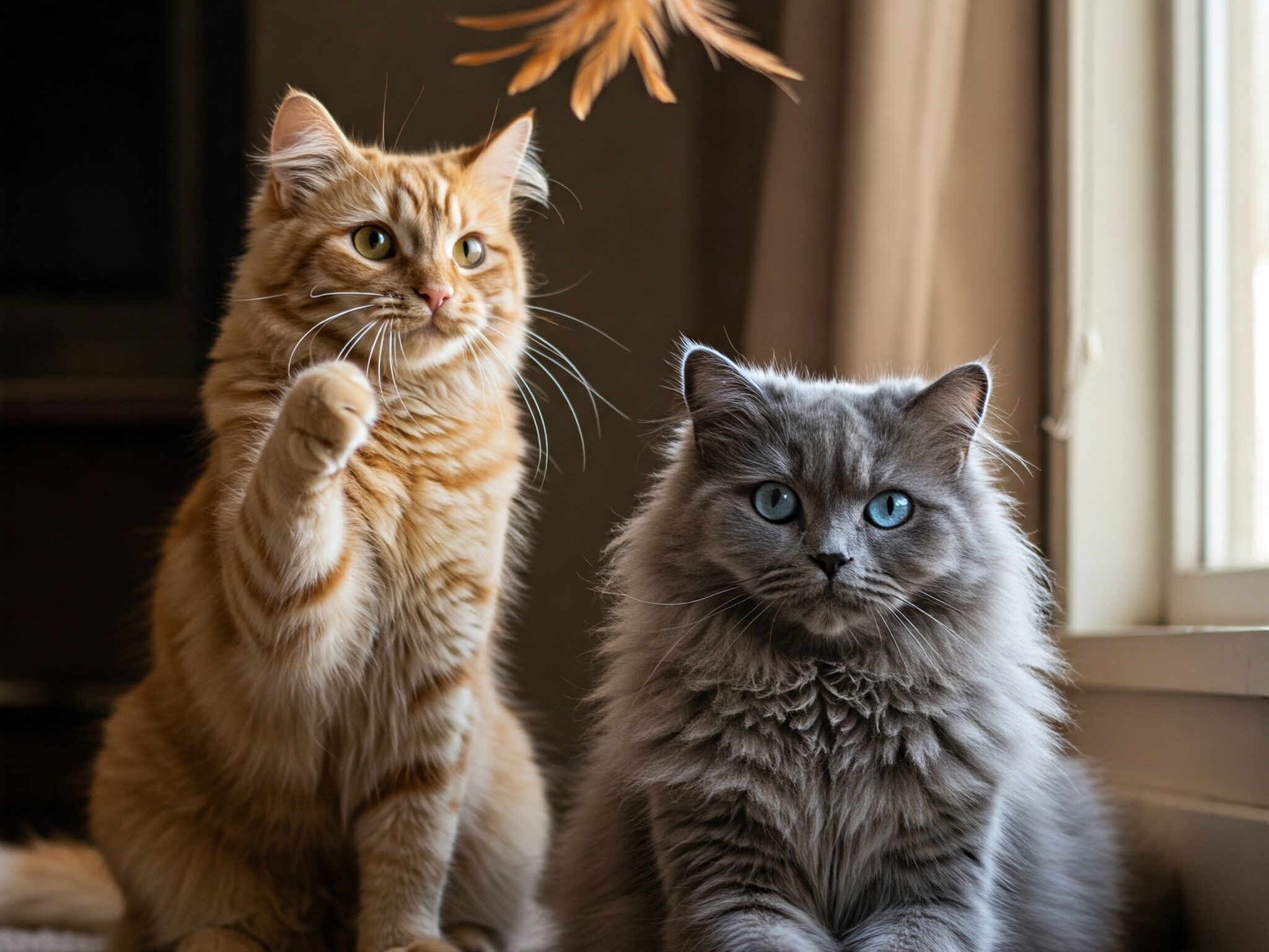 活発で好奇心旺盛な猫と穏やかで優しい性格の猫が並んでいる。
左側は茶色の縞模様の猫が、おもちゃに手を伸ばして遊んでいる。右側はグレーのペルシャ猫が、落ち着いた様子で座っている。