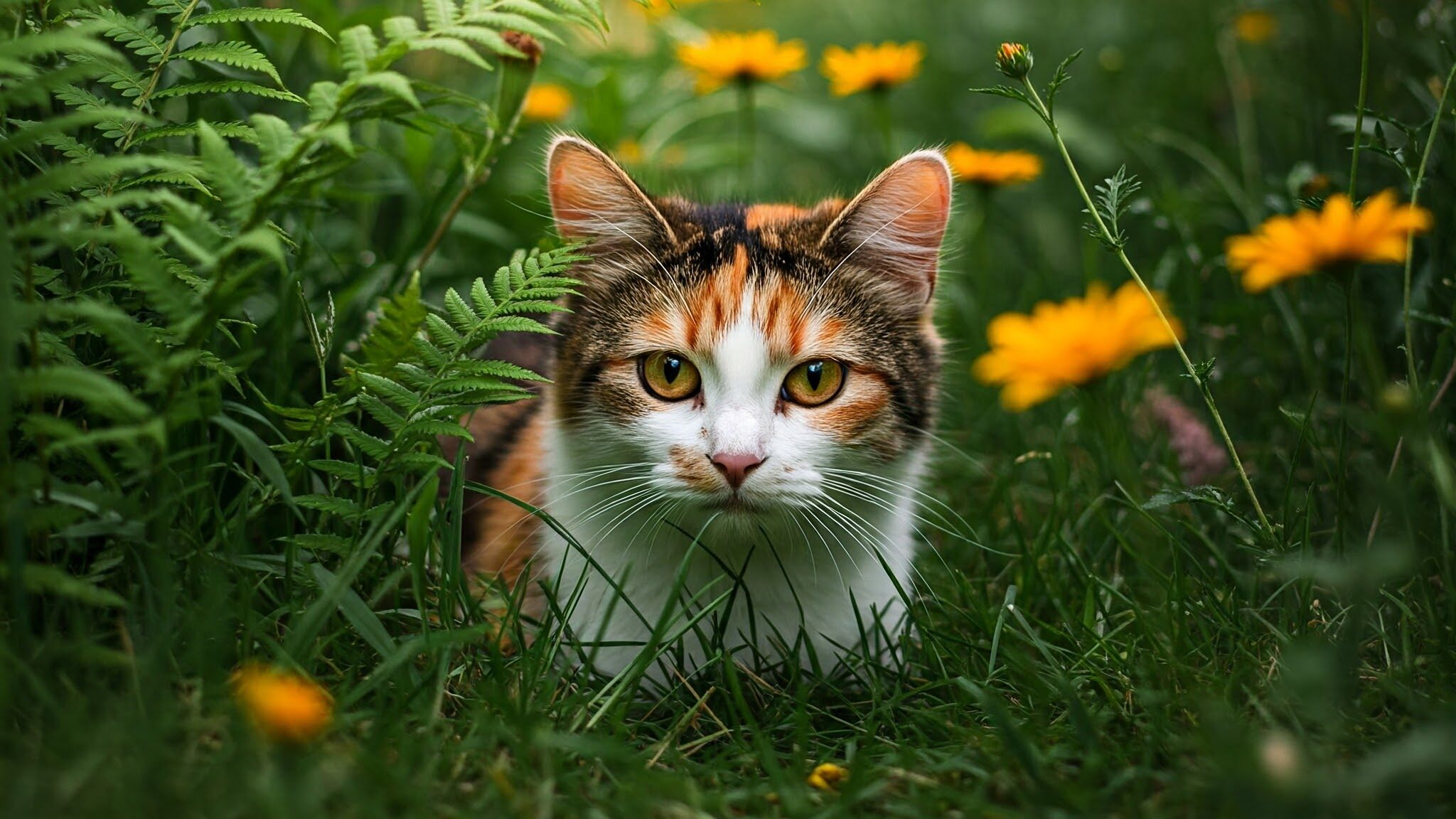 豊かな緑のシダと鮮やかな野花の中に隠れている三毛猫