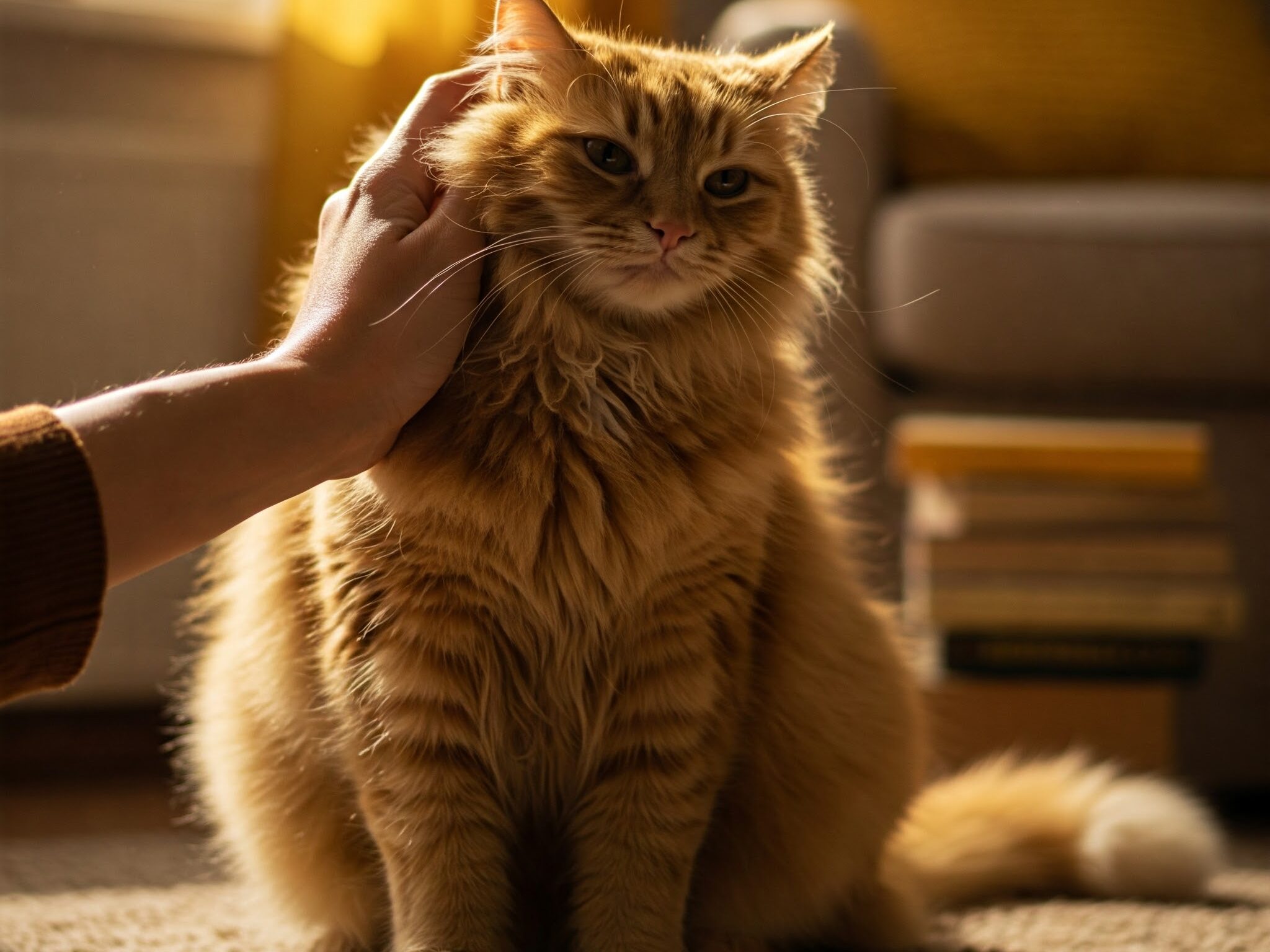 飼い主になでられている茶トラ猫。手の温かさが伝わってくるような、優しい触り方で、猫ちゃんも気持ちよさそうに目を細めている。