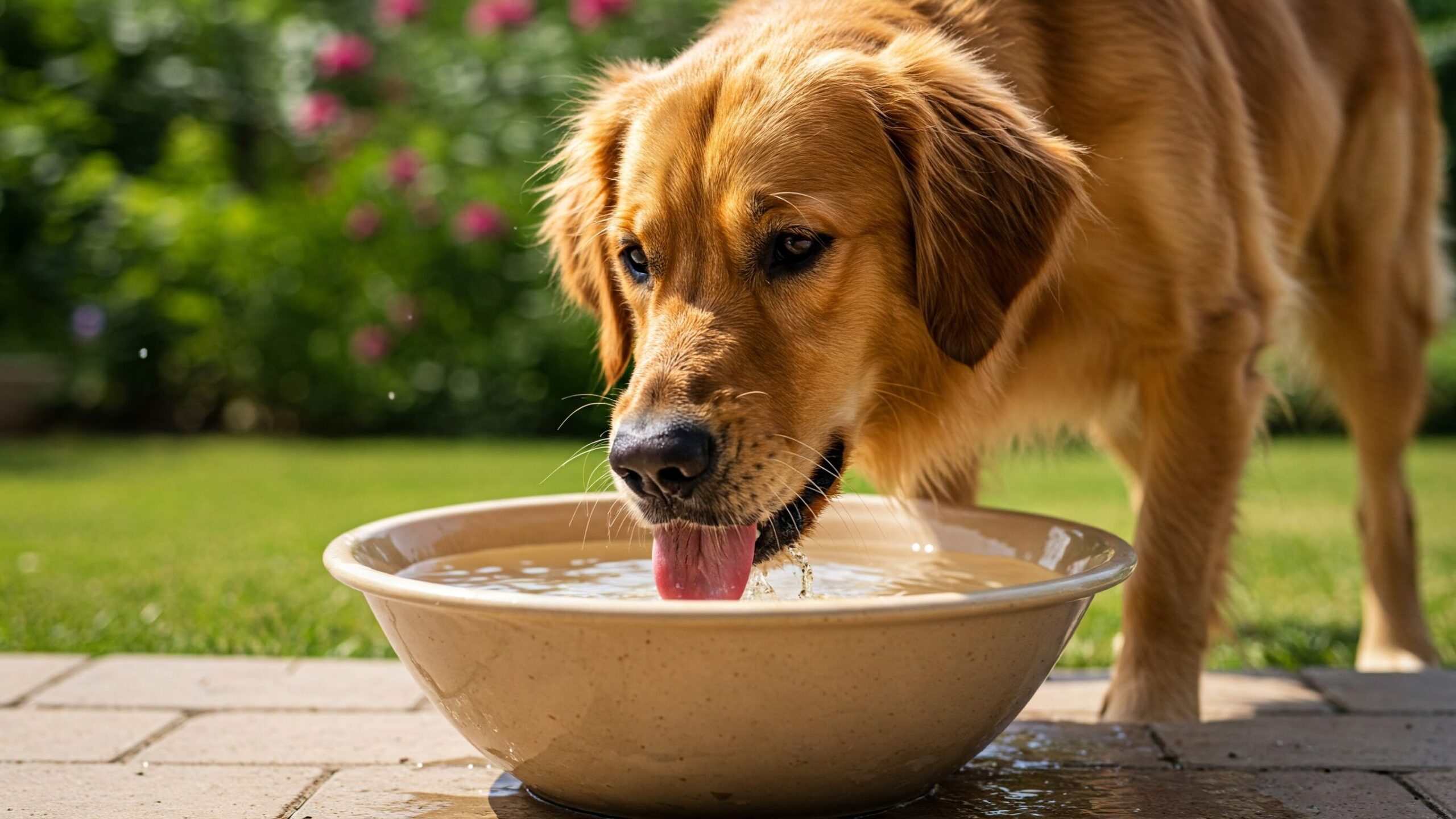 ゴールデンレトリバー犬が、大きな浅いセラミック製のボウルに入った新鮮な水を飲んでいる。