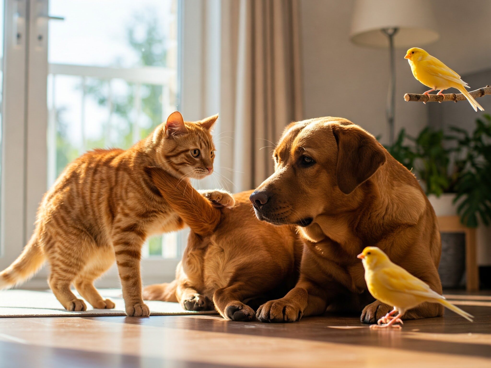 猫、犬、鳥が仲良く生活している。猫は、穏やかな表情で犬に寄り添ってい、犬は猫に安心感を覚えている。鳥は、二匹の仲睦まじい様子を微笑ましそうに見ている。