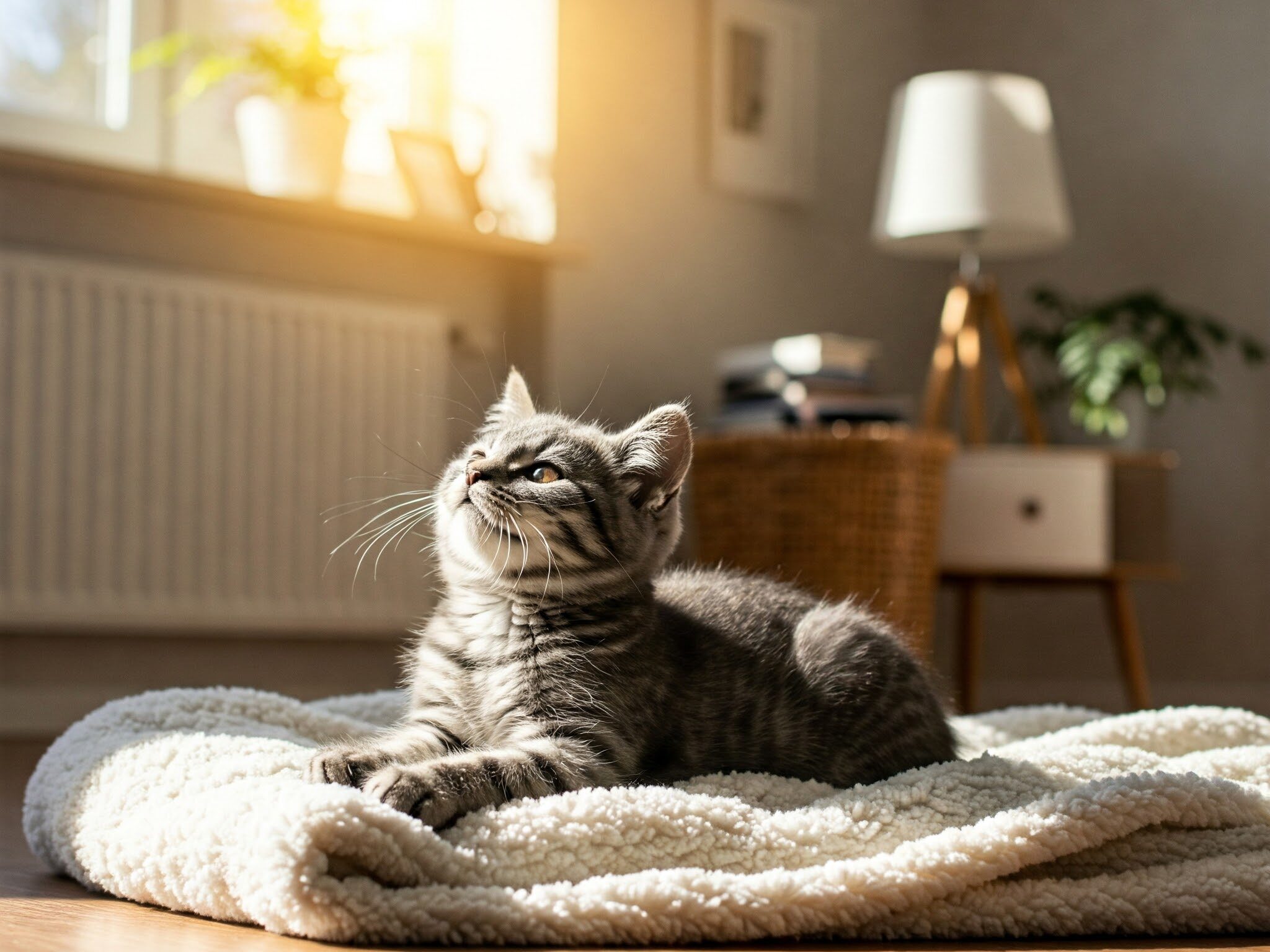 明るく陽の光が差し込む室内にいる子猫。