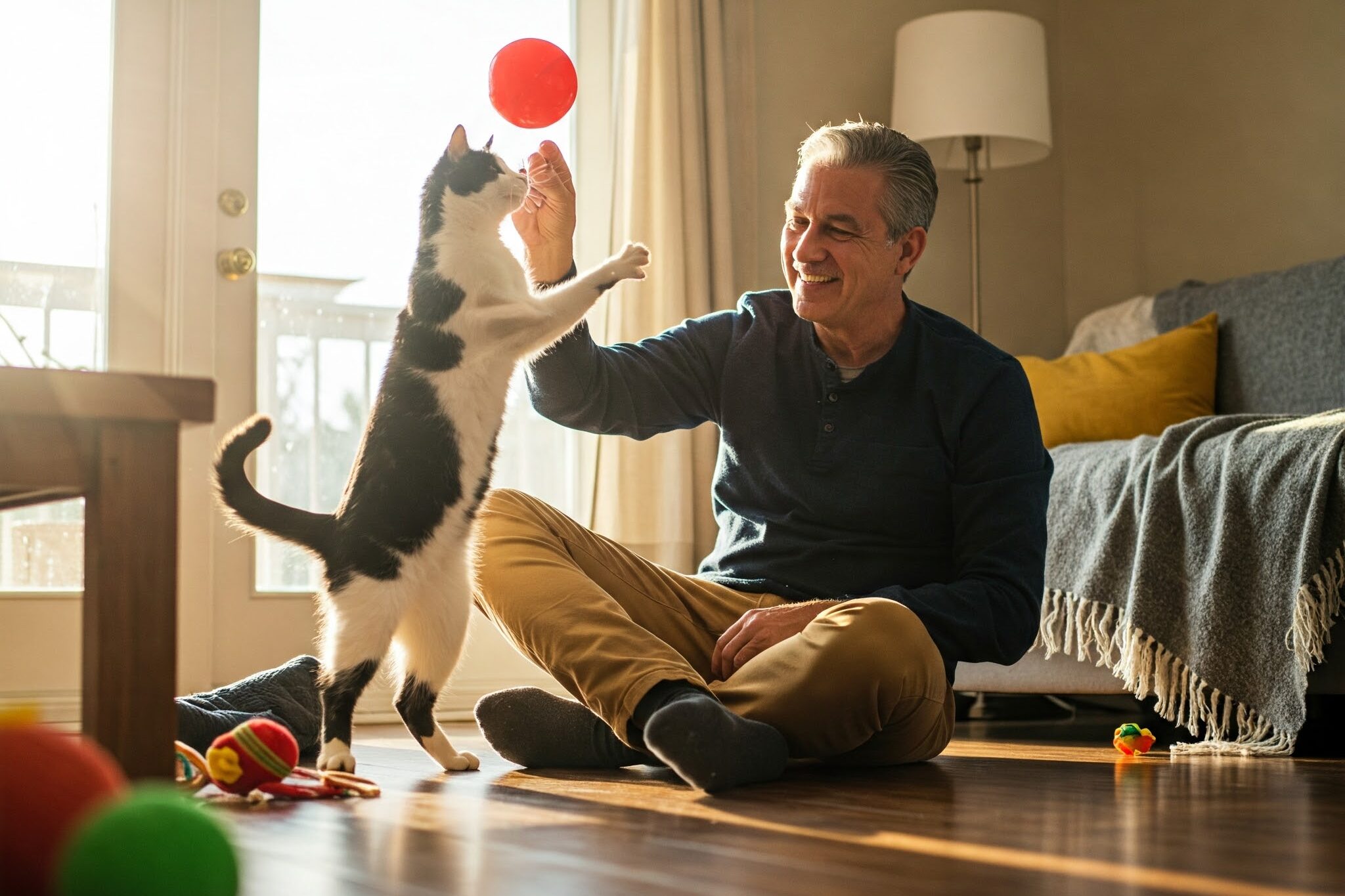 飼い主の男性と愛猫が遊んでいる。 広々としたリビングルームで大きな窓から 陽 が差し込み、部屋全体が暖かく明るい雰囲気に包まれている。