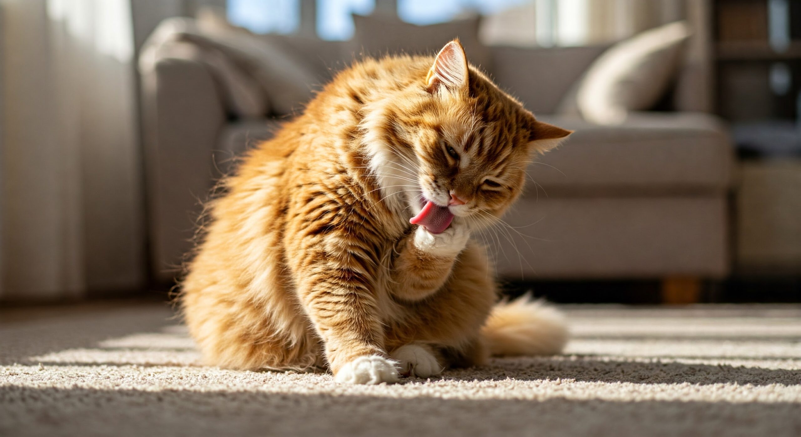 毛づくろいをしているふっくらとした茶色の猫。ピンク色の舌を使って丁寧に毛づくろいをする猫は、近くの窓から差し込む柔らかな自然光を浴び、リラックスした自然な姿勢でいる。