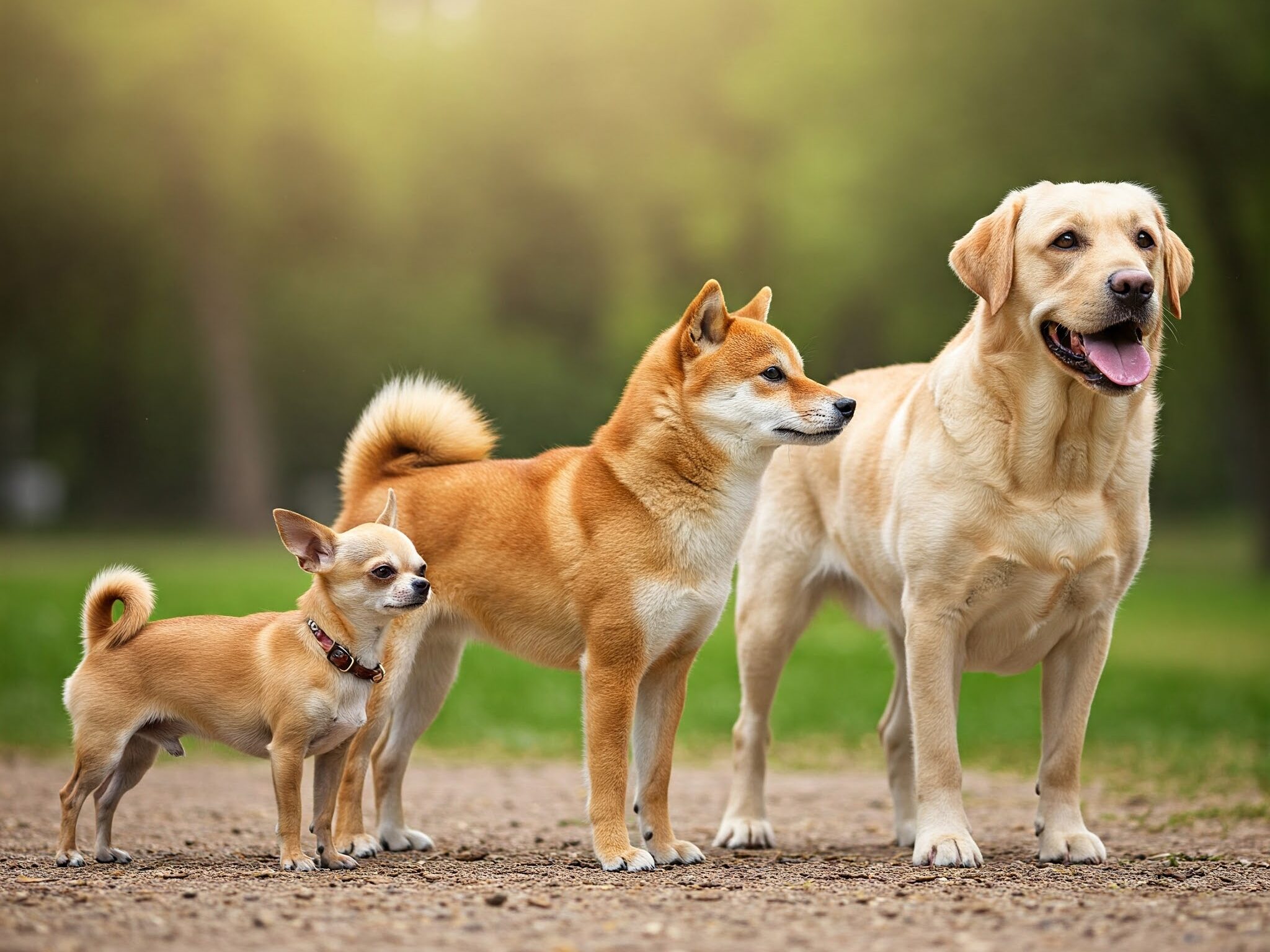 公園で、左から小型犬の薄茶色のチワワと中型犬の赤茶色の被毛を持つ柴犬、大型犬の金色のラブラドールレトリバーの3匹が並んでいる。
