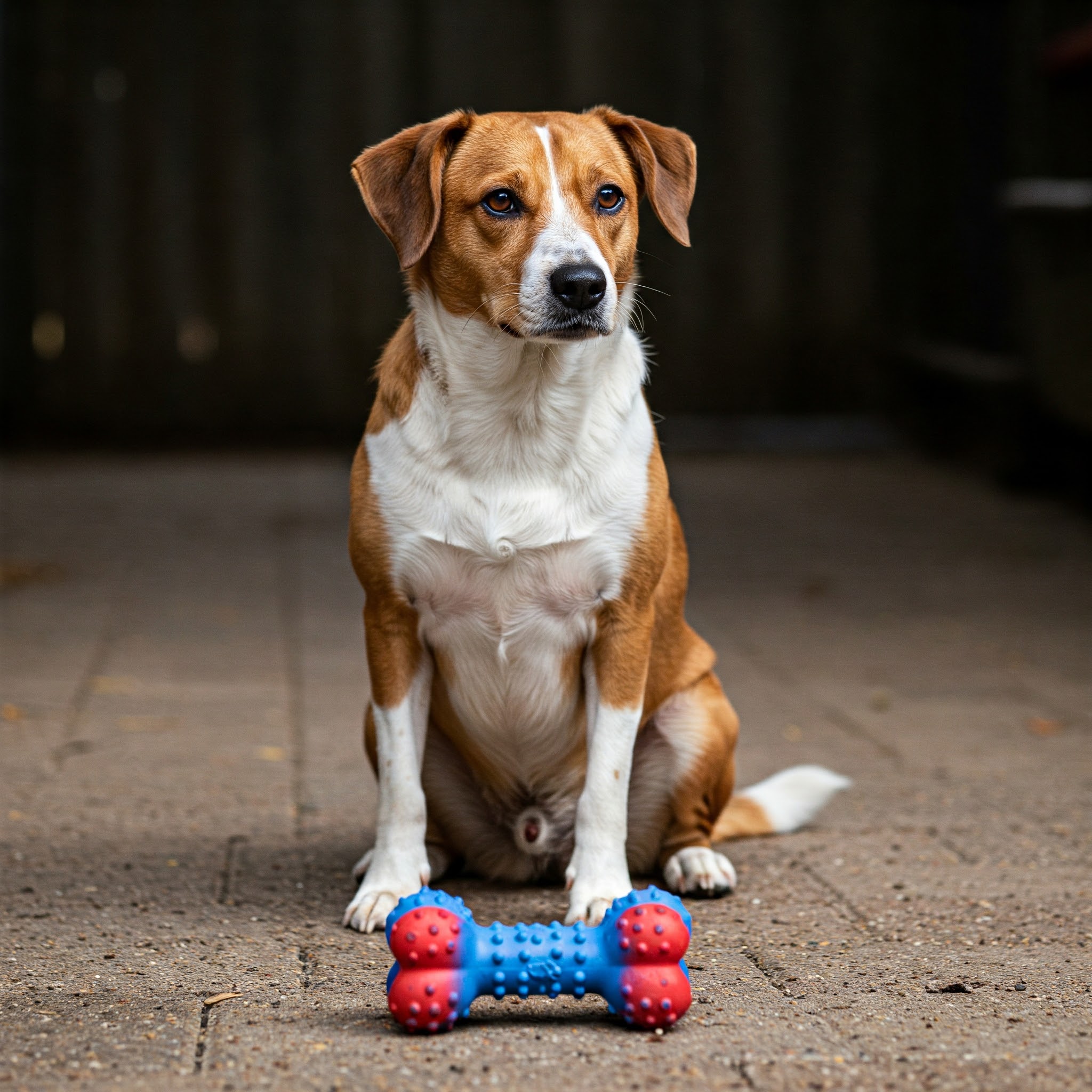 茶色と白のぶち模様のミックス犬がおもちゃを前にしておすわりをしている。