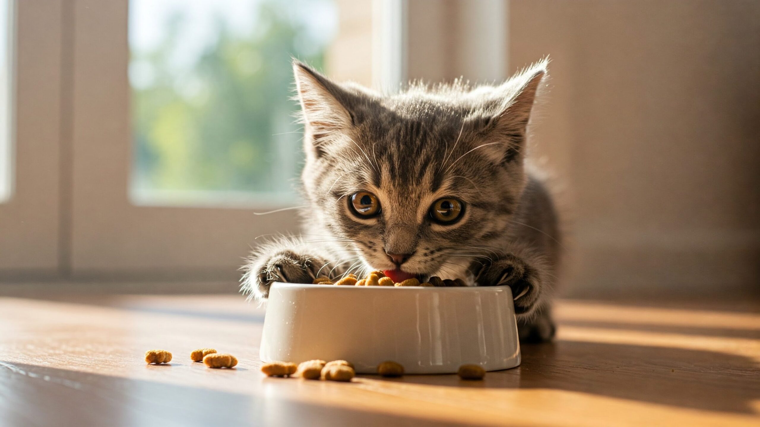 灰色と白の小さな子猫がキャットフードを食べている。