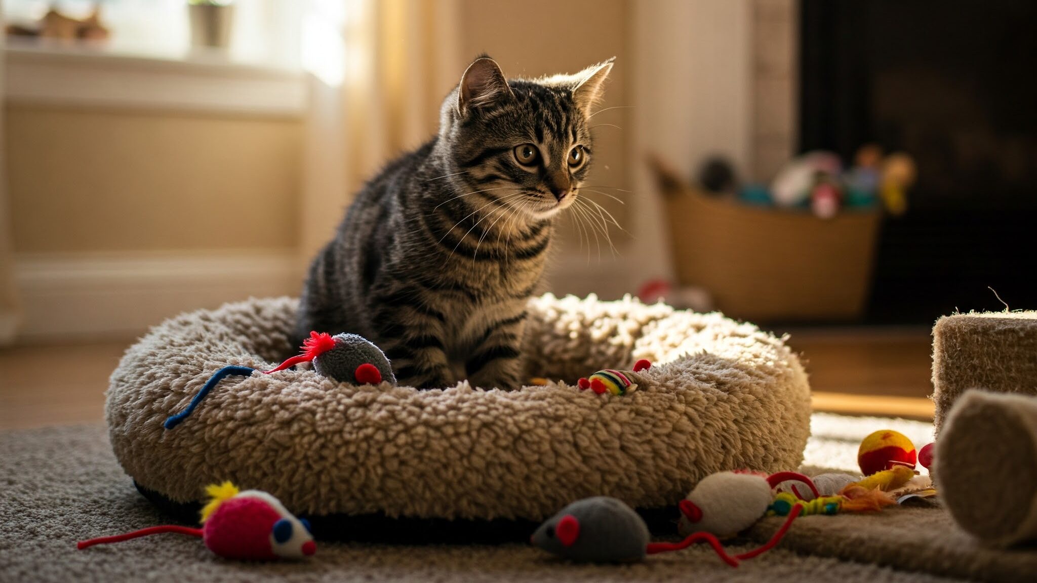 暖かい日差しが差し込む部屋で、fふかふかのクッションに座る猫