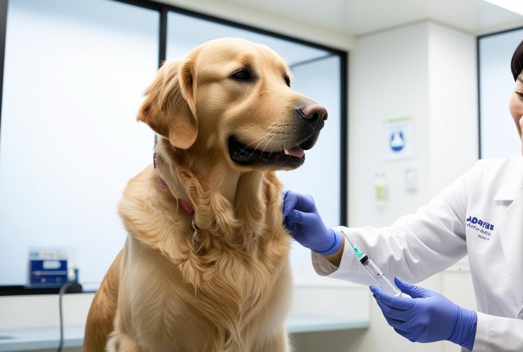 成犬が動物病院で狂犬病予防接種を受けている写真です。獣医師が注射器を持ち、犬が落ち着いた様子で接種を受けています。