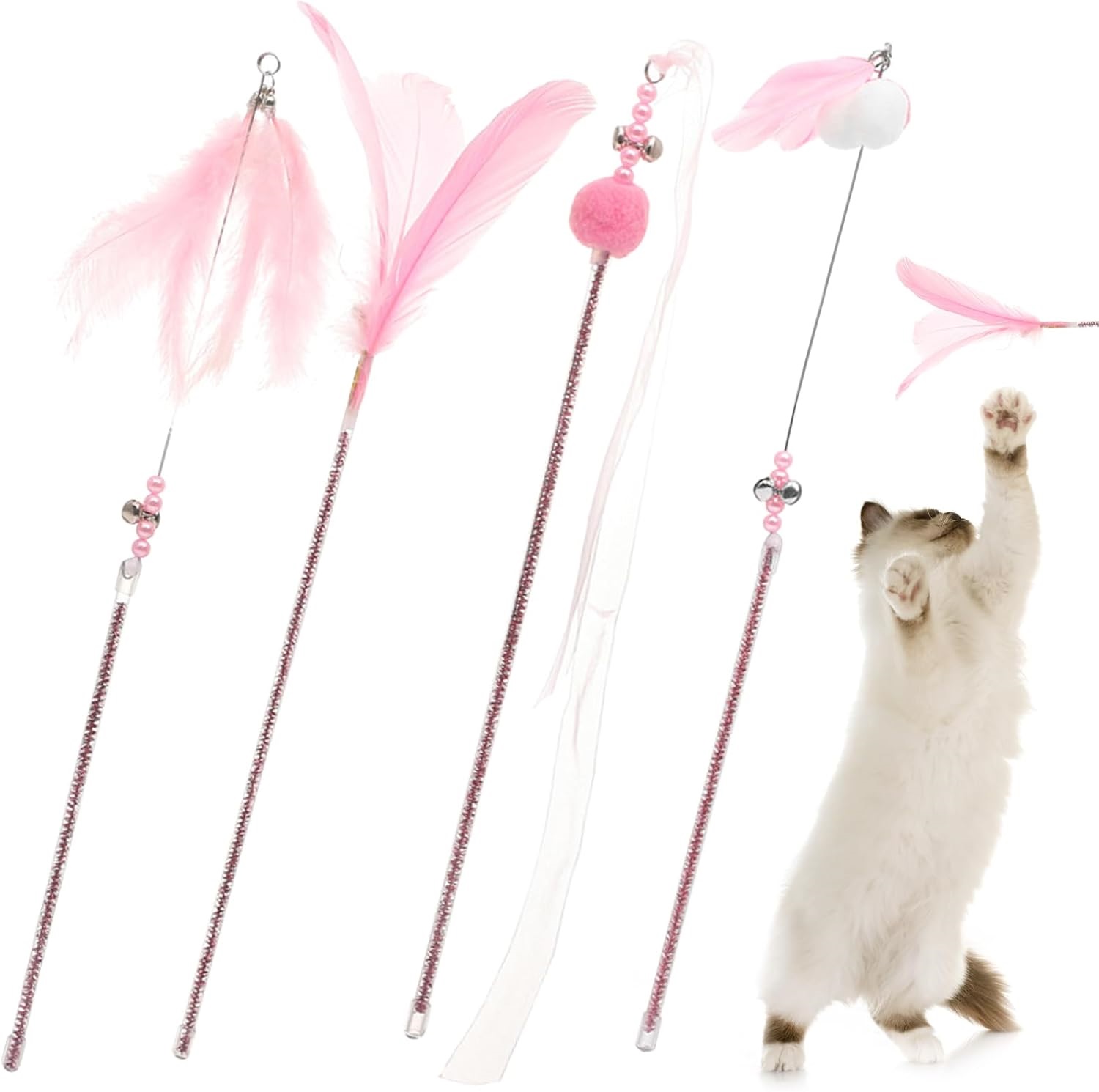 猫用羽根付きおもちゃのセット。ピンクの羽が特徴的
