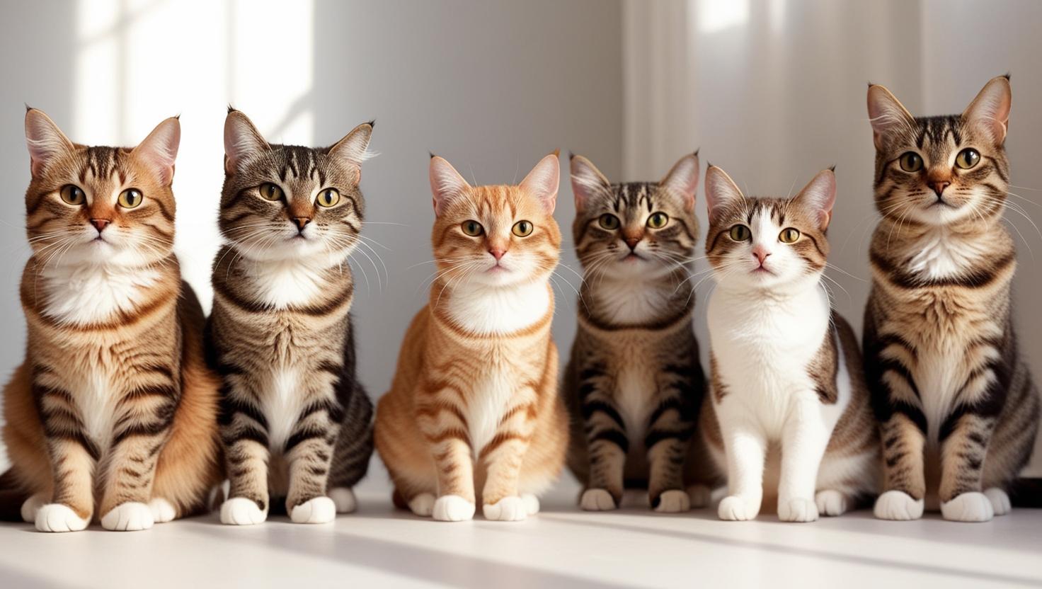 複数の猫が並んでカメラを見つめる集合写真。統一感のある撮影例