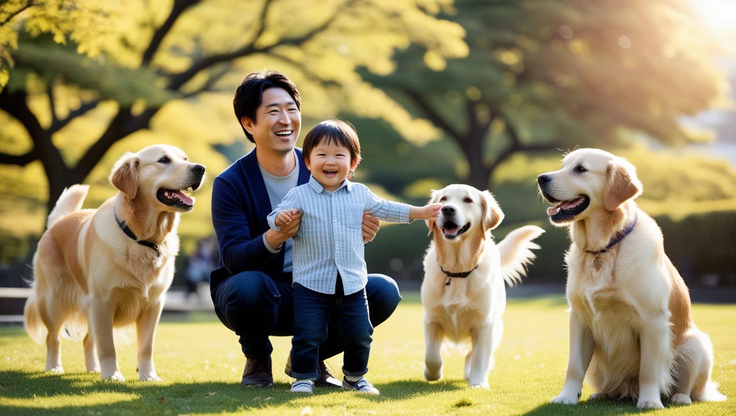 3頭のゴールデンレトリーバーと飼い主の親子が幸せそうに芝生の公園で笑っている写真。