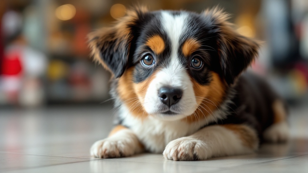 独特の毛色と模様で知られているオーストラリアン・シェパードの子犬がペットショップの床にふせをしている。