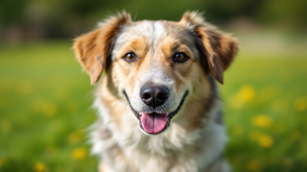 白、茶色、グレーのまだら模様の中型犬が緑の草むらに座っている。