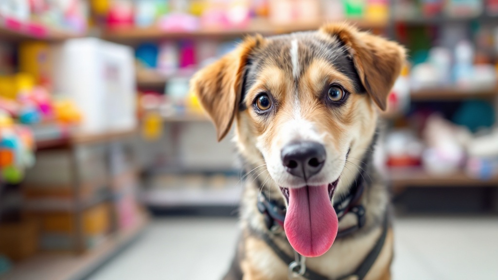 ペット用品店で茶色と白の被毛のハスキーとビーグルのミックス犬が舌を出して笑っている。