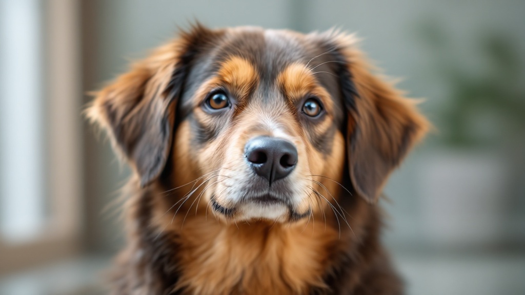 茶色と黒の毛並みで、顔は茶色、鼻は黒、目は茶色の中型犬が正面を向いている。