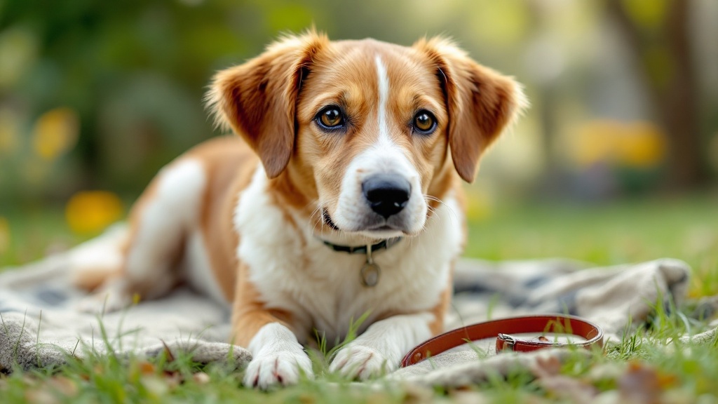 庭の芝生の上に横たわっている可愛らしいビーグルのミックス犬のクローズアップ。