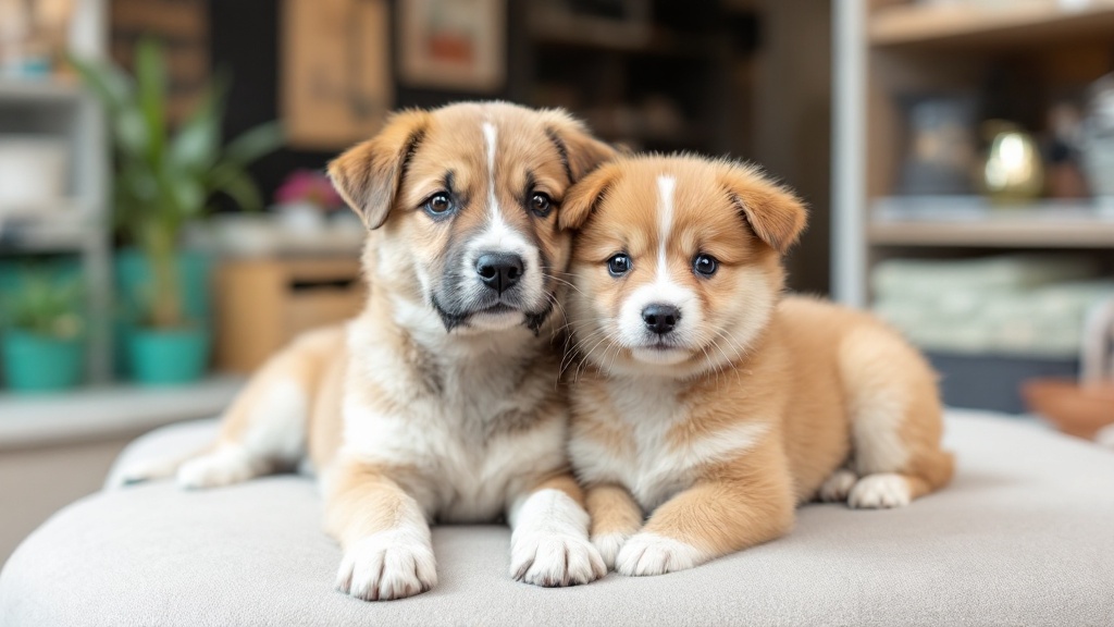 2匹の子犬が柔らかいベージュ色のクッションの上に並んで座っている。左側の犬は、茶色と白のまだら模様で、顔の半分が茶色、口のまわりが白です。右側の犬は、全体的に薄い茶色で、額に白い模様があります。