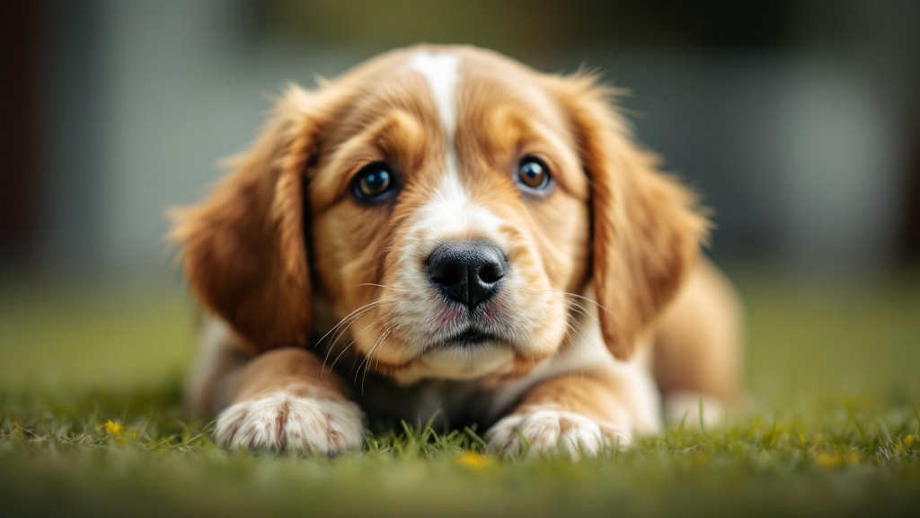 緑の草の上に伏せている可愛らしい子犬のクローズアップ。子犬は、茶色と白の柔らかそうな被毛を持ち、大きな茶色の瞳でこちらをまっすぐに見つめている。