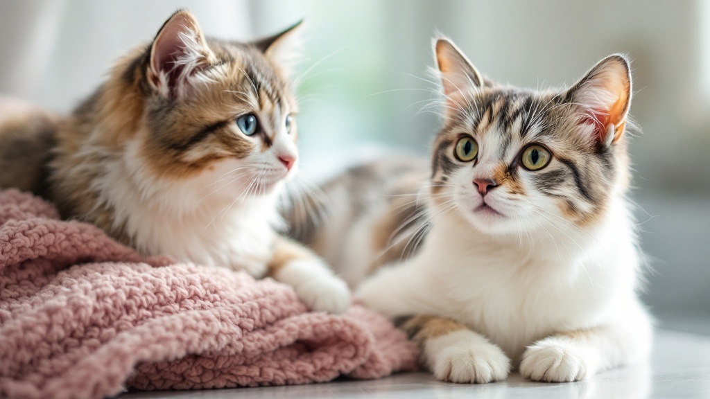 2匹の子猫。
左の子猫は、茶色、白、グレーの毛色をしており、青色の目をしている。
右の子猫は、茶色、白、グレーの毛色をしており、緑色の目をしている。