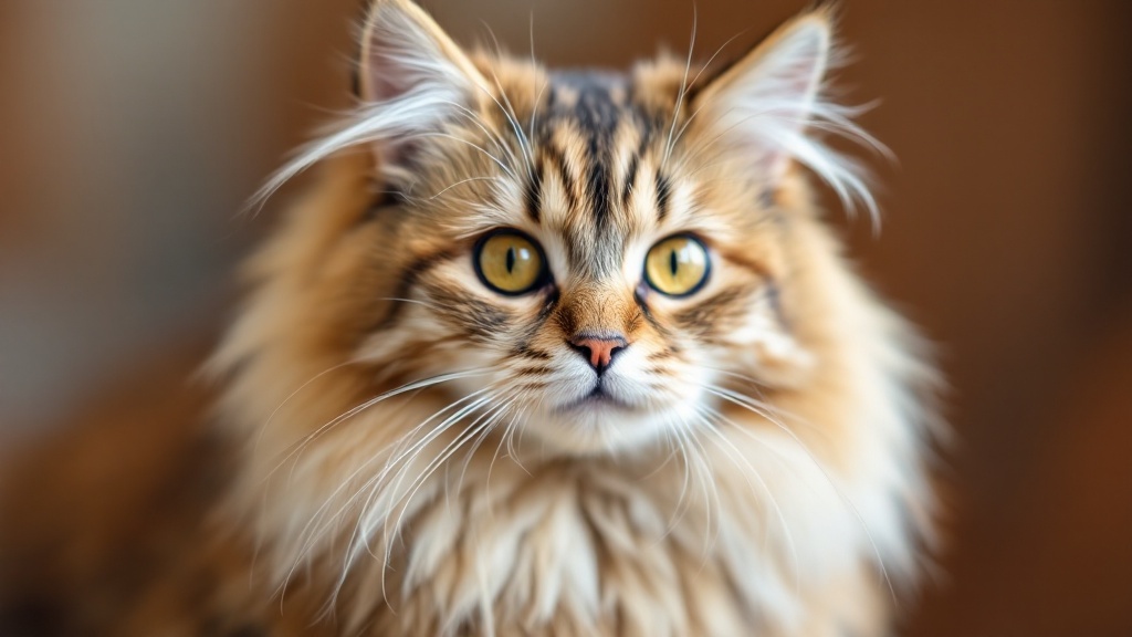 猫は中程度から長めの毛を持ち、茶色、白、黒の毛色が混ざり合ってる。顔周りや胸元の毛は特に長く、ふさふさとしている。額には濃い茶色の縞模様があり、目の上には白い毛が、鼻の周りには薄茶色の毛が生えている。
目は大きく、鮮やかな黄色または琥珀色で、光を捉えて輝いている。