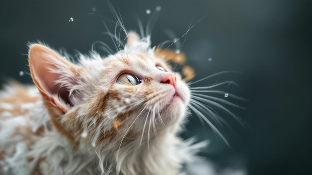 水に濡れた猫の顔。猫はオレンジ色と白の毛並みで、毛は長め。顔を上に向け、大きな緑色の目が何かを見つめている。毛は濡れて束になっており、顔やひげには水滴が見られる。