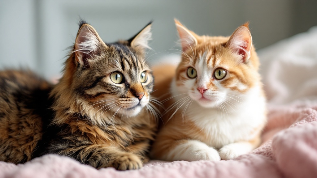 2匹の猫が寄り添っている。
左側の猫は、茶色と黒の縞模様があり、顔の周りや耳の内側に白い毛が見られ、ふさふさとした毛並み。
右側の猫は、オレンジ色と白の毛並みで、顔、胸、足に白い部分がある。