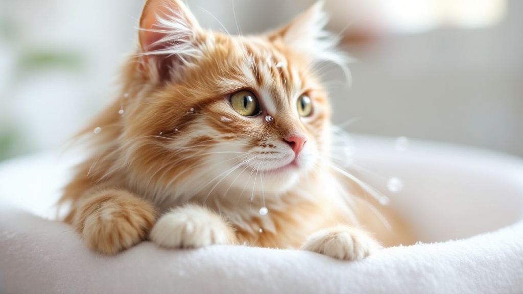 オレンジ色の毛並みと白い模様を持つ猫がふかふかの白いベッドの中でくつろいでいる。