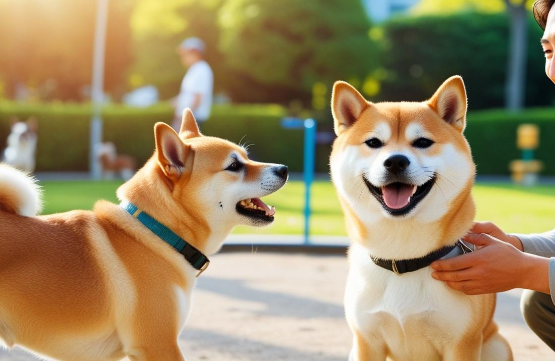 ドッグランで2頭の柴犬と飼い主が楽しそうにしている写真です。背景にはフェンスで仕切られて他の家族と犬たちが遊んでいます。