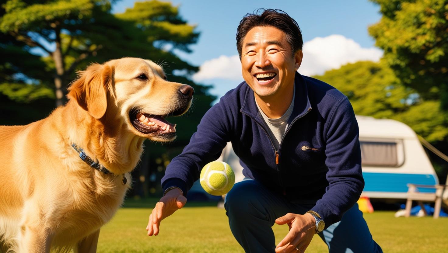 キャンピングカーの前でゴールデンレトリバーと飼い主が楽しそうにボール遊びをしている写真です。