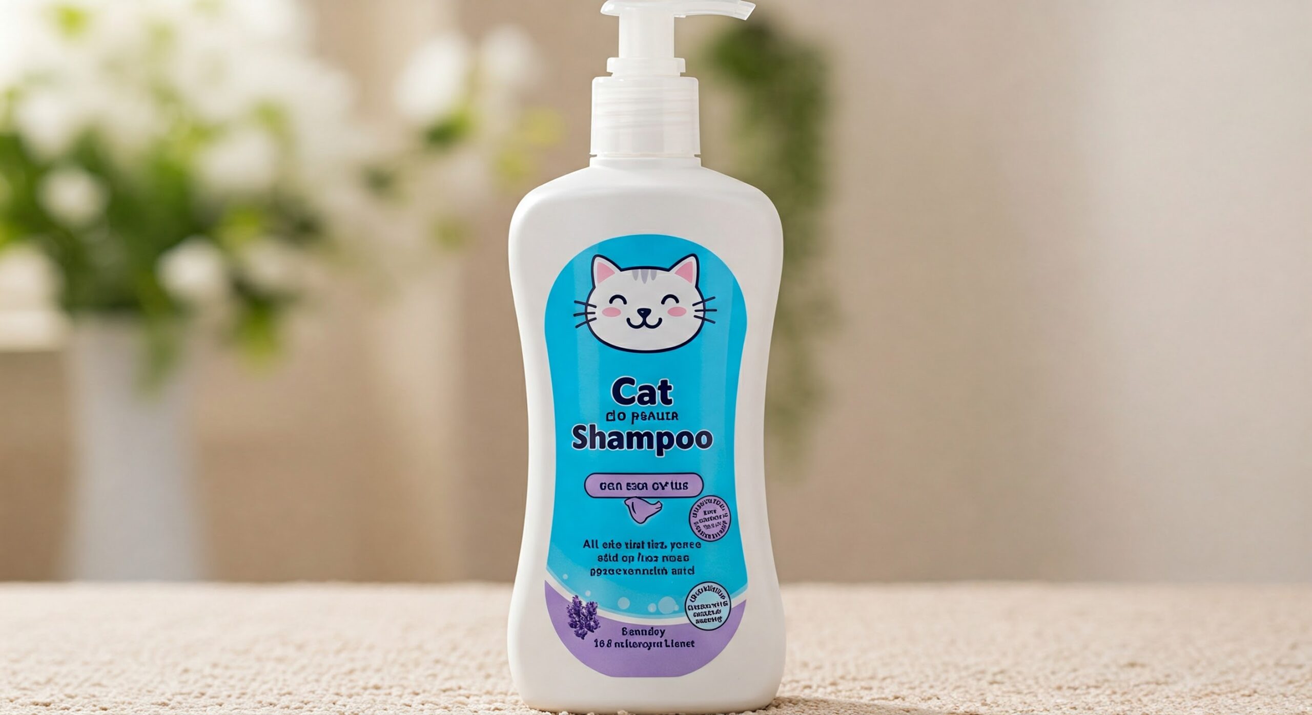 猫用シャンプーのボトル。ボトルは白色で、ラベルには猫のイラストと商品名が描かれている。