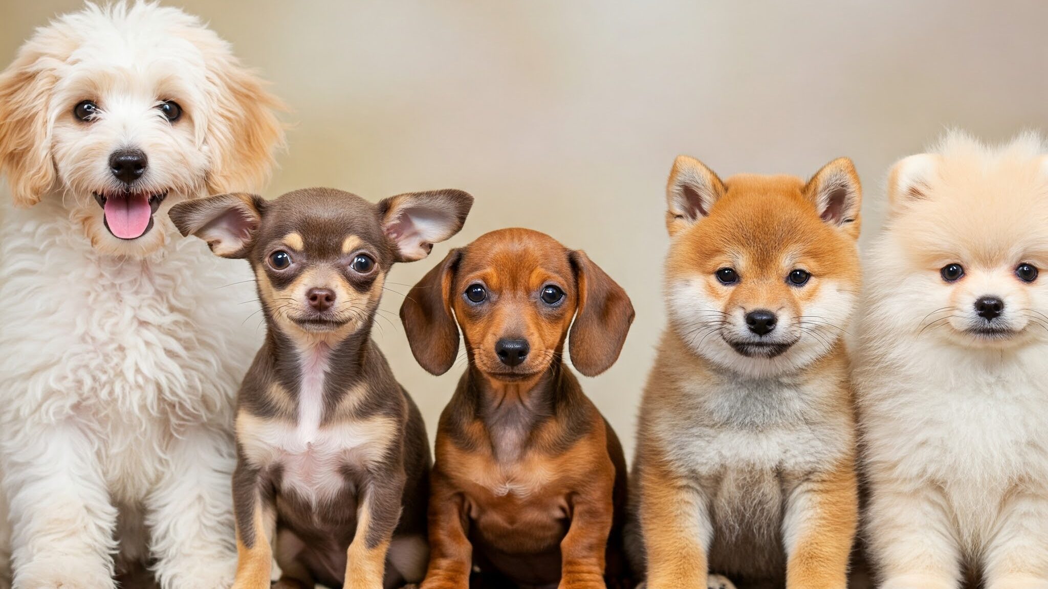 左からトイプードル、チワワ、ミニチュアダックスフンド、柴犬、ポメラニアンのそれぞれの子犬が並んでいる。