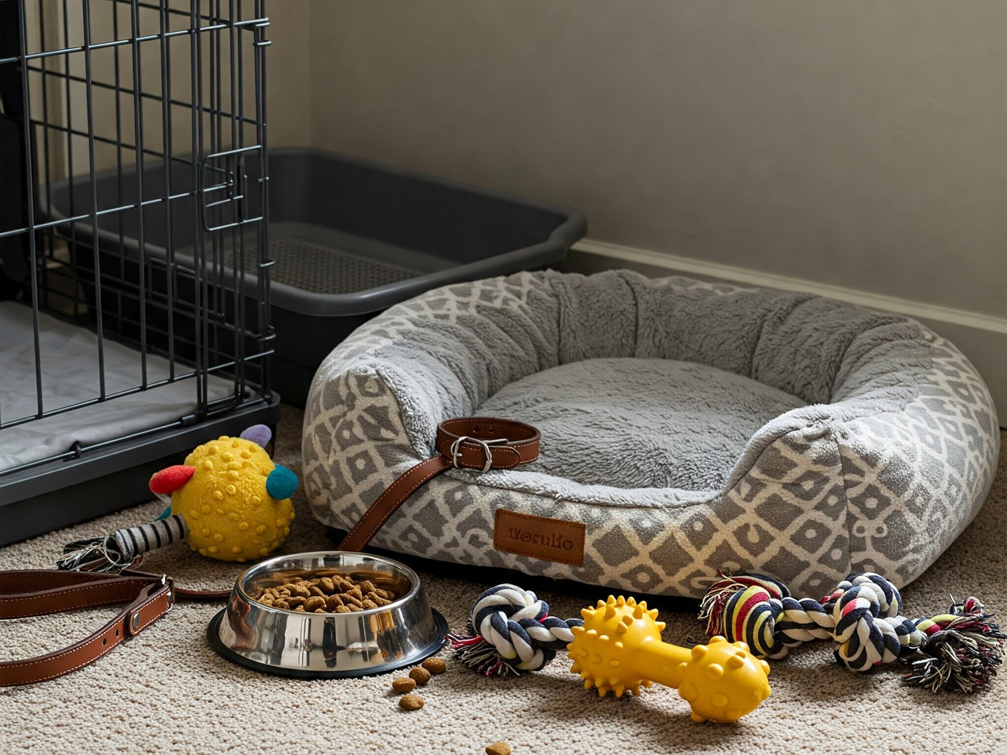 犬を飼うために必要な基本的なアイテム(ゲージ、トイレトレー、ベッド、食器、首輪、リード、おもちゃ)をまとめている。